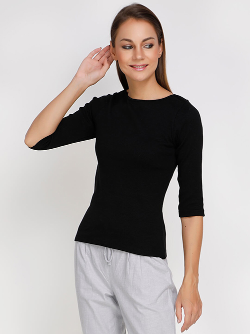 Women  Black Ribbed Fitted Top With Boat Neck